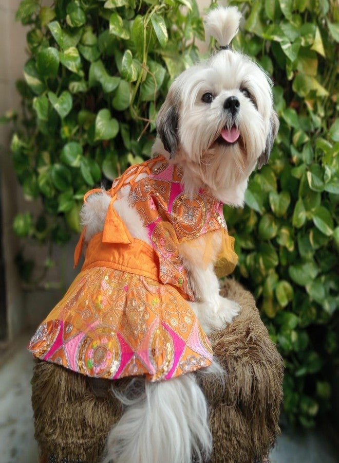 Lulala Traditional Ethnic Dog Dress with Dori - Festive Lehenga Choli Outfit for Female Dogs - Wedding, Party, Diwali Pet Costume (Orange- 14Inch) - Image 1