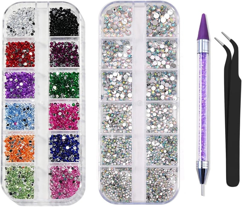 ZSRVAJ Rhinestones Nail Art Tool, 2 Boxes Bedazzling Gems Colorful Rhinestones with Drill Pen and Stainless Steel Tweezer, DIY Nail Art Kit for Home and Salon Use, Travel-Friendly Nail Decoration - Image 1