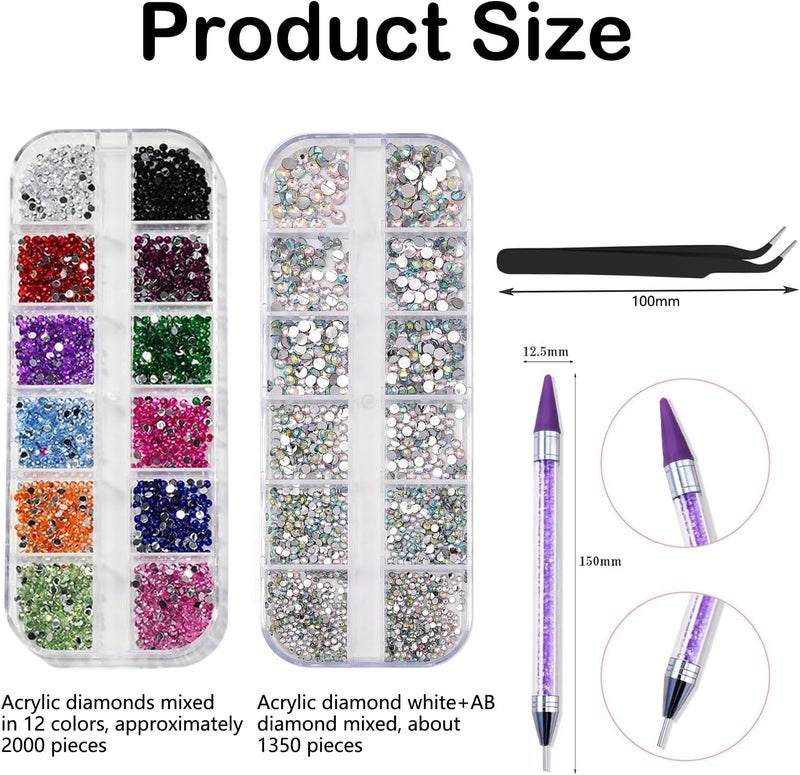 ZSRVAJ Rhinestones Nail Art Tool, 2 Boxes Bedazzling Gems Colorful Rhinestones with Drill Pen and Stainless Steel Tweezer, DIY Nail Art Kit for Home and Salon Use, Travel-Friendly Nail Decoration - Image 2