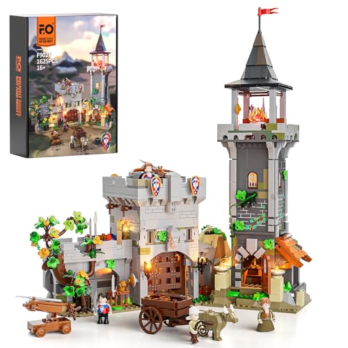FUNWHOLE Medieval Watchtower Lighting Building-Bricks Set - Guardiance Castle with Soldier Farmer Minifigures Collectible Display Set 1625 Pcs for Adults and Teen - Image 1