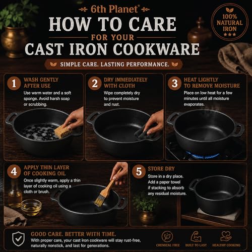 6th Planet Cast Iron Kadhai 26 cm Pre-Seasoned | Flat Base Iron Kadai for Deep Frying, Sabzi & Curries | Heavy Cast Iron Cookware - Image 5