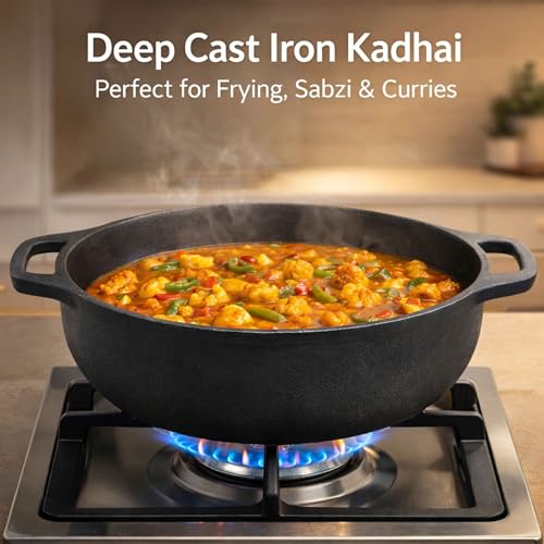 6th Planet Cast Iron Kadhai 26 cm Pre-Seasoned | Flat Base Iron Kadai for Deep Frying, Sabzi & Curries | Heavy Cast Iron Cookware - Image 2