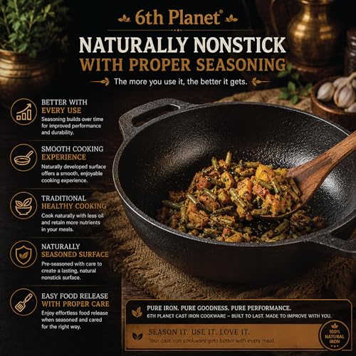 6th Planet Cast Iron Kadhai 26 cm Pre-Seasoned | Flat Base Iron Kadai for Deep Frying, Sabzi & Curries | Heavy Cast Iron Cookware - Image 4