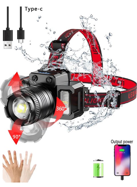 مصباح أمامي LED قابل لإعادة الشحن ، مصباح أمامي بزاوية قابلة للتعديل بزاوية 360 درجة مع 5 أوضاع ، مستشعر الحركة ، IPX6 مقاوم للماء