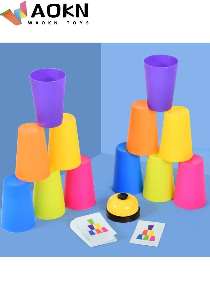 WAOKN Cups Games 12 PCS Quick Stack Cups Set Portable Cups Games with 50 Cards and Bell Classic Stacking Balancing Game for Kids Speed Training Challenge Competition For Boys and Girls  - Image 1