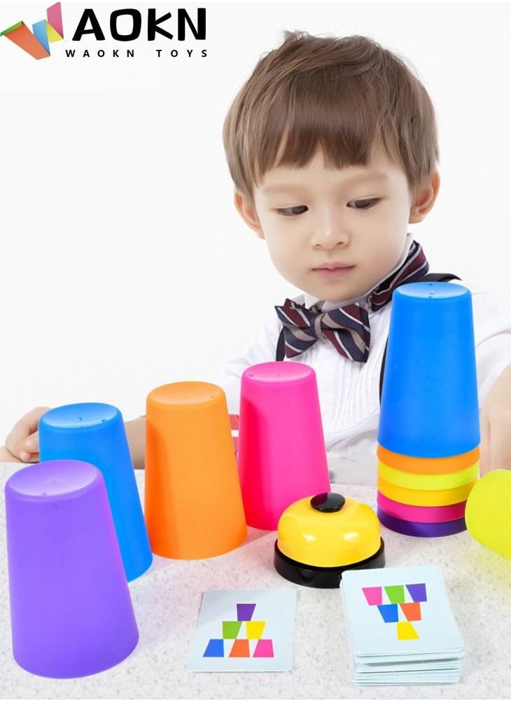 WAOKN Cups Games 12 PCS Quick Stack Cups Set Portable Cups Games with 50 Cards and Bell Classic Stacking Balancing Game for Kids Speed Training Challenge Competition For Boys and Girls  - Image 4