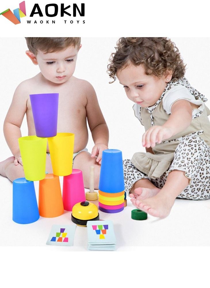 WAOKN Cups Games 12 PCS Quick Stack Cups Set Portable Cups Games with 50 Cards and Bell Classic Stacking Balancing Game for Kids Speed Training Challenge Competition For Boys and Girls  - Image 3