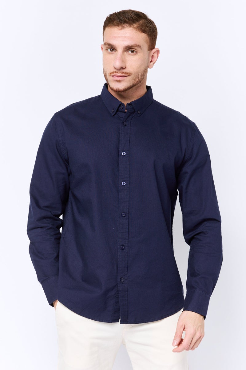 Algspar Men Regular Fit Plain Long Sleeves Casual Shirt, Navy - Image 1
