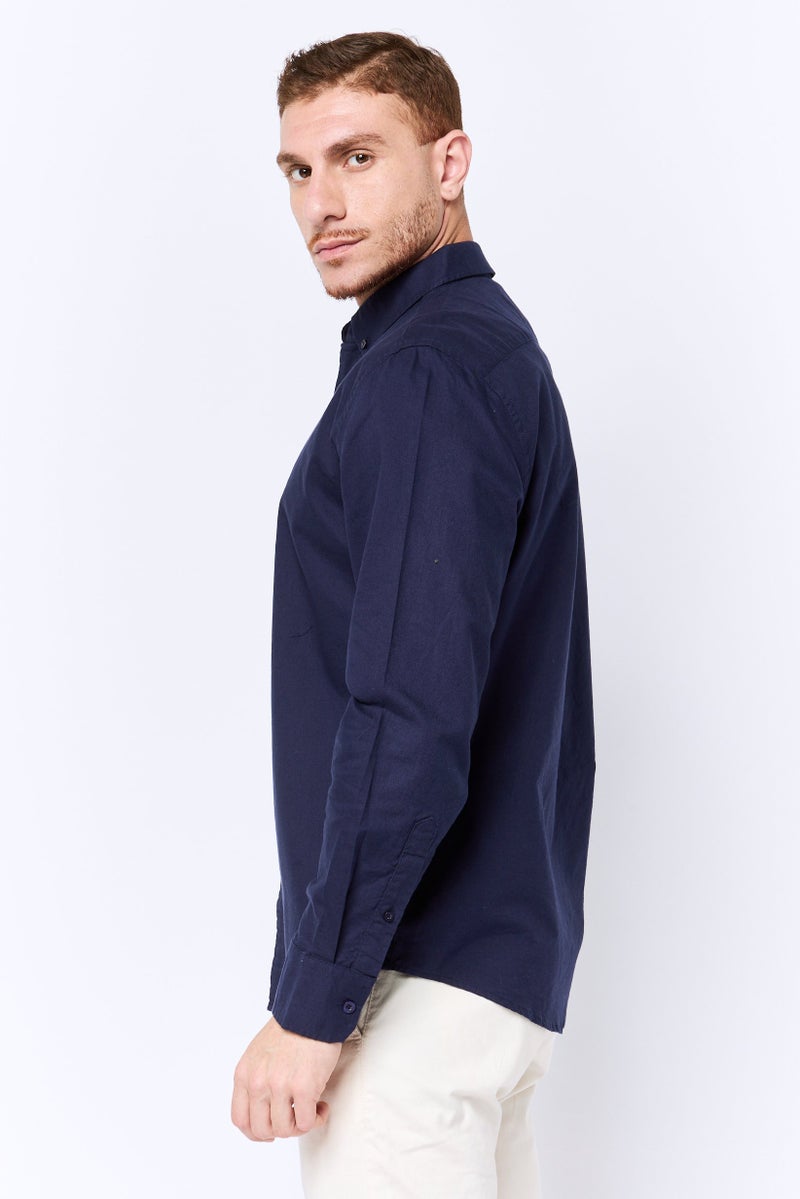 Algspar Men Regular Fit Plain Long Sleeves Casual Shirt, Navy - Image 3