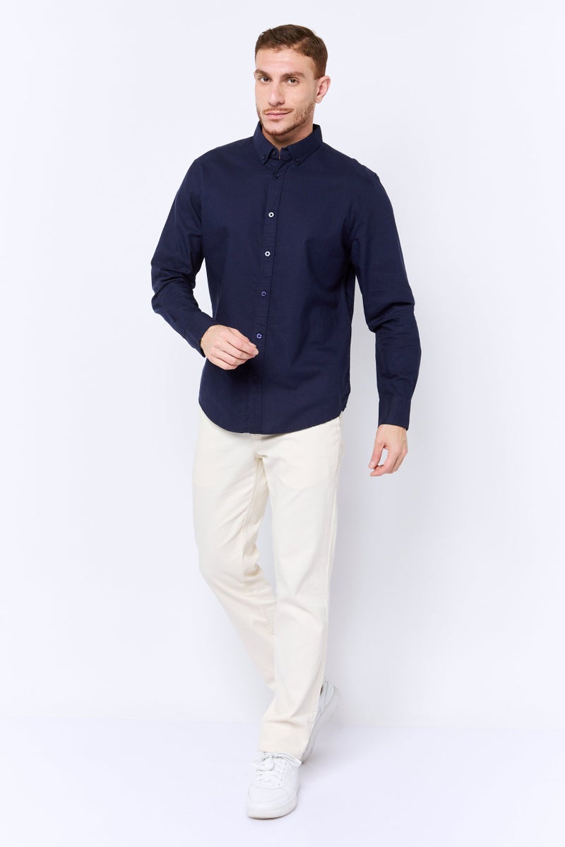Algspar Men Regular Fit Plain Long Sleeves Casual Shirt, Navy - Image 4