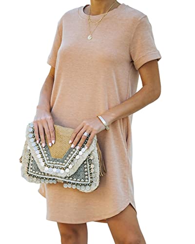 YEXIPO Women's Casual Summer Short Sleeve T Shirt Dress Nightgown Crew Neck Loose Solid Color Basic Dresses with Pockets - Image 3