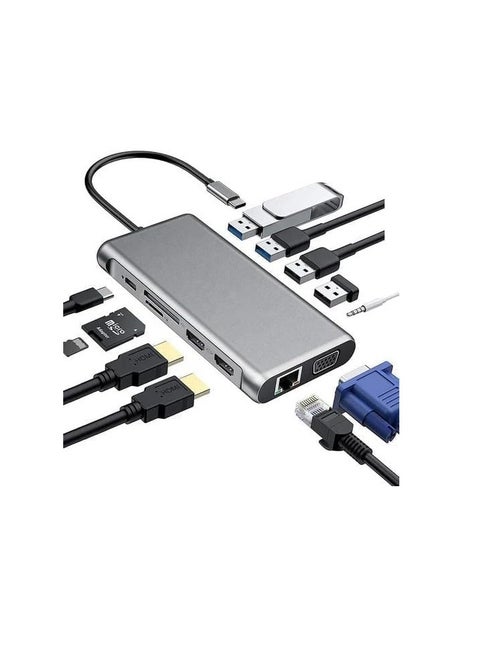 12-in-1 USB-C Hub Docking Station – Dual & Triple Display, 4K HDMI, VGA, 100W PD, Ethernet, USB, SD/TF