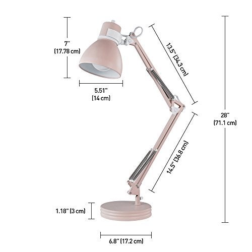 GLOBE Electric 52028 28" Swing Arm Architect Desk Lamp, Matte Rose Finish, White Accents, Rotary Switch on Shade, Partially Adjustable Arm, Modern Lighting for Bedroom or Office, E26 Base - Image 3