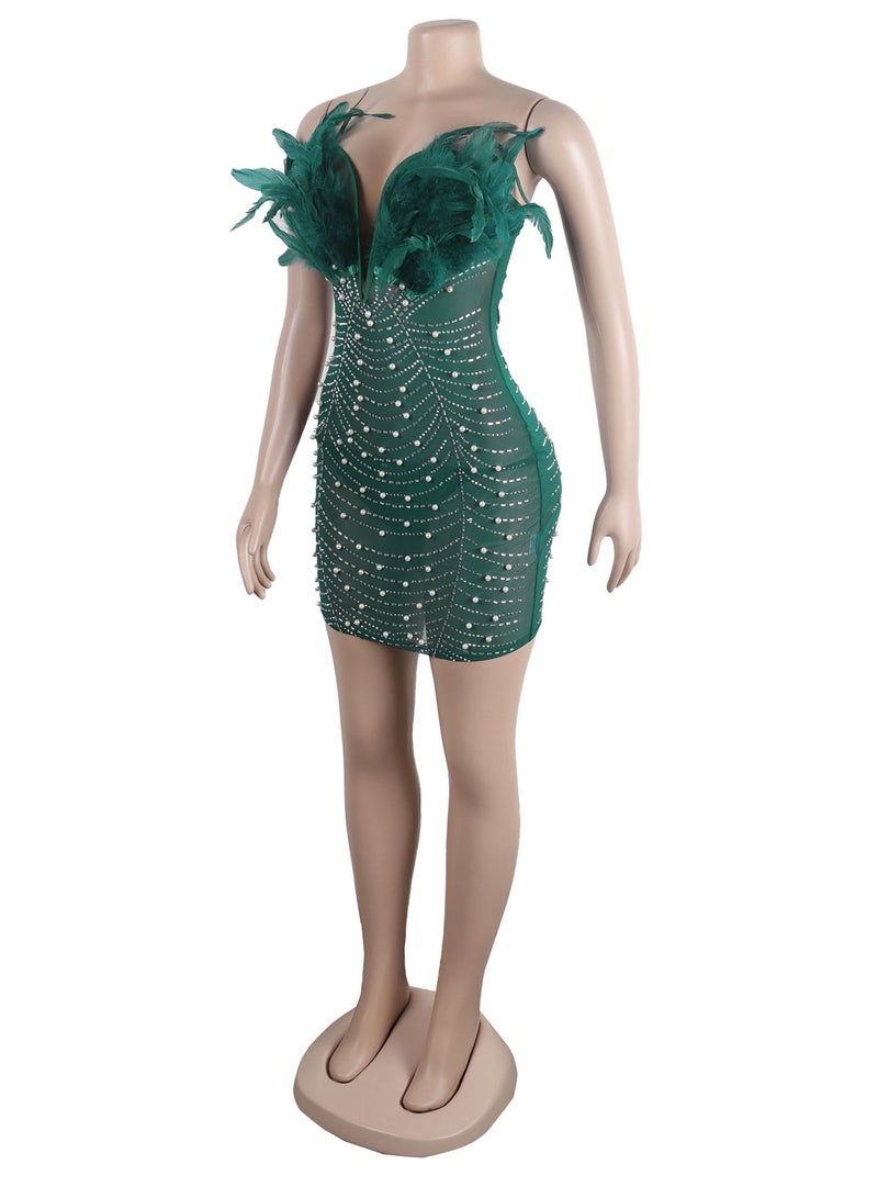 K2737 Feathered Diamond Pearl Sheath Dress With Buttocks - Image 3