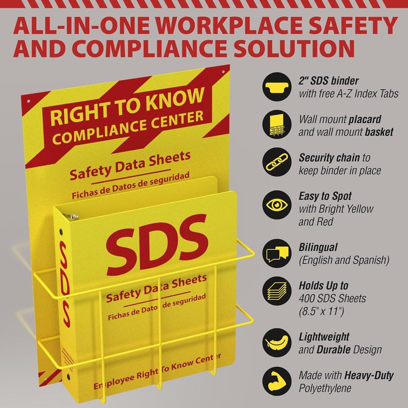 Three Ring Systems OSHA-Compliant SDS/MSDS Binder with Wall Mount, 2inch 3-Ring, High-Visibility Yellow & Red, Holds up to 400 Sheets, Bilingual (English/Spanish), Durable & Easy to Install for Workplace Safety - Image 2