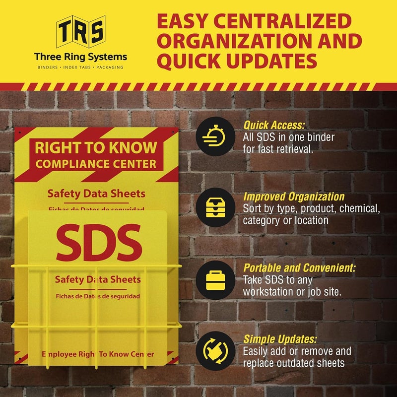 Three Ring Systems OSHA-Compliant SDS/MSDS Binder with Wall Mount, 2inch 3-Ring, High-Visibility Yellow & Red, Holds up to 400 Sheets, Bilingual (English/Spanish), Durable & Easy to Install for Workplace Safety - Image 5