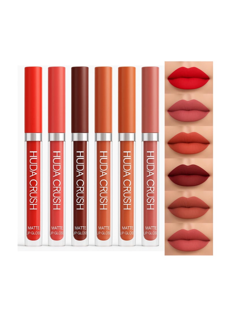 هدى كراش مجموعة أحمر شفاه سائل غير لامع من هدى كراش، مكونة من 6 قطع - أحمر شفاه مخملي صغير مقاوم للماء للنساء، تركيبة غير لاصقة - Image 1
