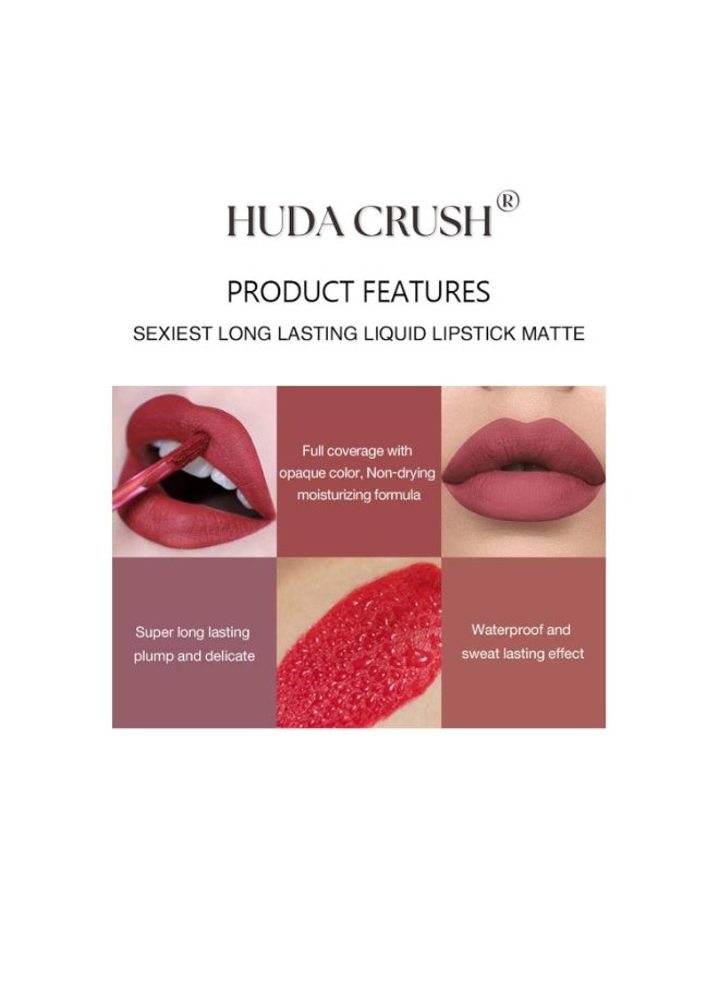هدى كراش مجموعة أحمر شفاه سائل غير لامع من هدى كراش، مكونة من 6 قطع - أحمر شفاه مخملي صغير مقاوم للماء للنساء، تركيبة غير لاصقة - Image 5