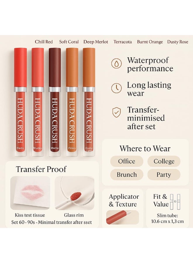 هدى كراش مجموعة أحمر شفاه سائل غير لامع من هدى كراش، مكونة من 6 قطع - أحمر شفاه مخملي صغير مقاوم للماء للنساء، تركيبة غير لاصقة - Image 2