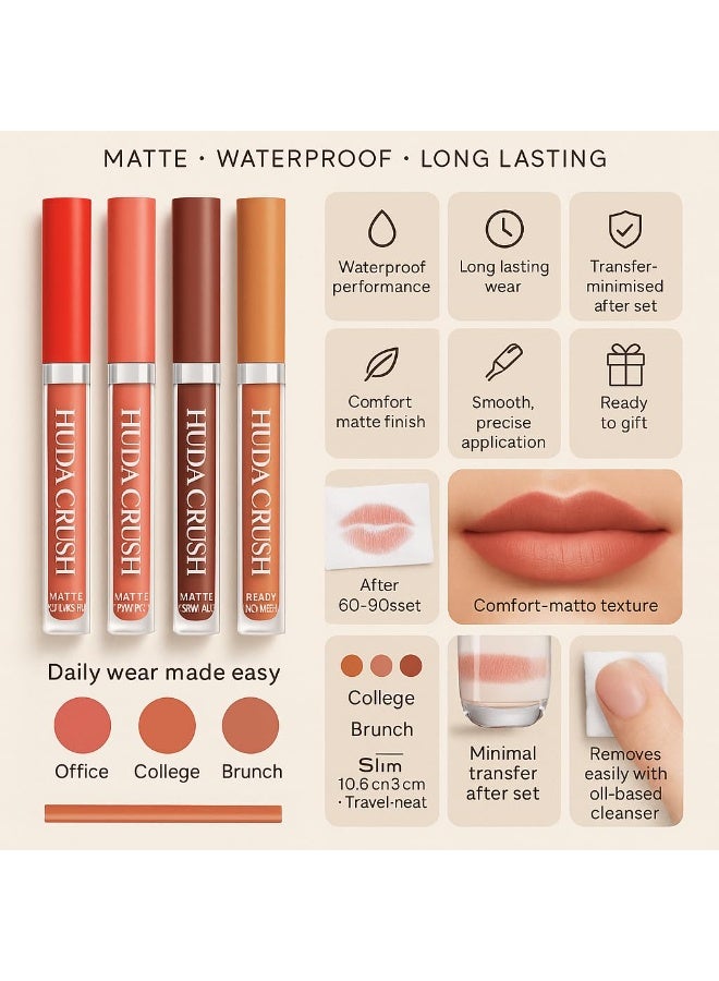 هدى كراش مجموعة أحمر شفاه سائل غير لامع من هدى كراش، مكونة من 6 قطع - أحمر شفاه مخملي صغير مقاوم للماء للنساء، تركيبة غير لاصقة - Image 4