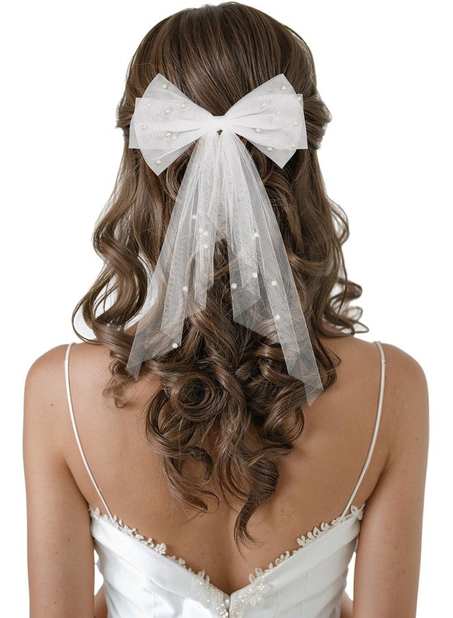 SWEETV Bridal Hair Bow Veil White Bow Clip Bachelorette Party Decorations Pearl Accessories Bride to Be Bridal Shower Gift - Image 1