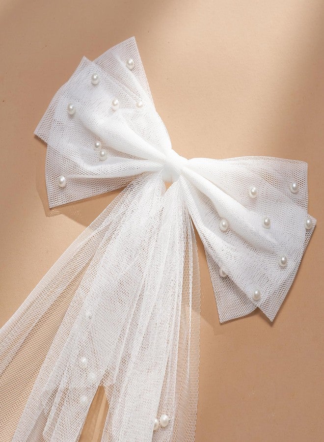 SWEETV Bridal Hair Bow Veil White Bow Clip Bachelorette Party Decorations Pearl Accessories Bride to Be Bridal Shower Gift - Image 4