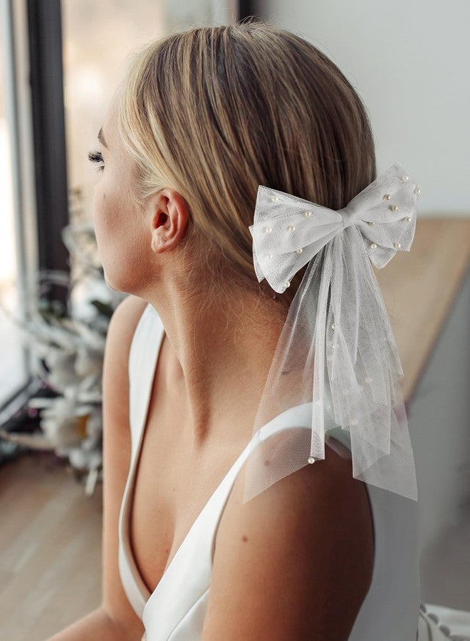 SWEETV Bridal Hair Bow Veil White Bow Clip Bachelorette Party Decorations Pearl Accessories Bride to Be Bridal Shower Gift - Image 3