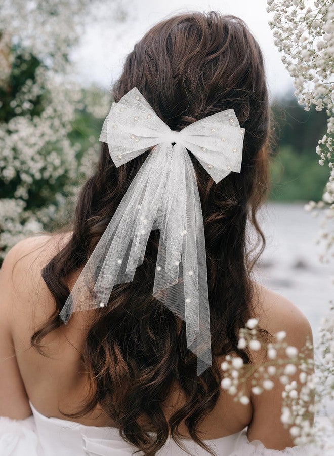SWEETV Bridal Hair Bow Veil White Bow Clip Bachelorette Party Decorations Pearl Accessories Bride to Be Bridal Shower Gift - Image 2