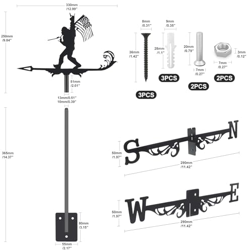 VZVXCC Metal Weather vanes, Black Metal Wind Direction Indicator Garden Decoration for Garden Farmhouse Chicken Coop Shed Outdoor Wind Measuring Tool Wind Direction Weathervanes(Bigfoot) - Image 3