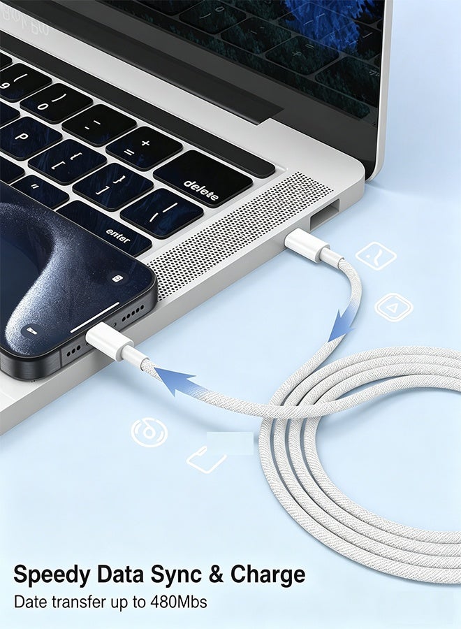 Digipace USB-C to USB-C Cable 2M, 30W PD Fast Charging Braided Cable for Phone, Tablet & Laptop(White) - Image 5