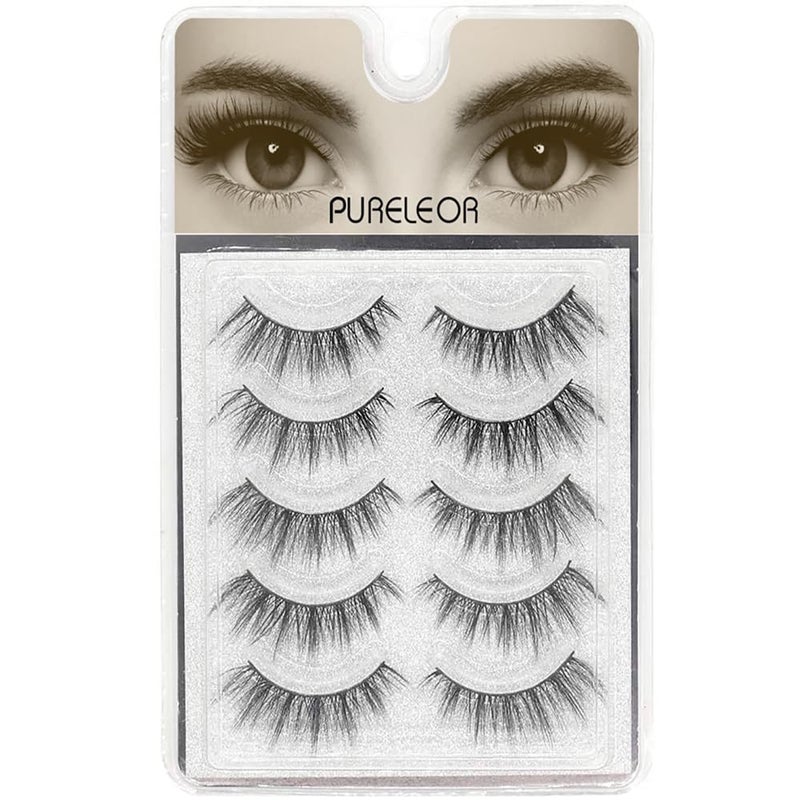 PURELEOR Natural Look Eyelashes 3D Mink Cat Eye Lash Wispies 15mm Manga Lashes 5 Pairs Soft Reusable False Eyelashes Lightweight, No Glue Included - Image 1