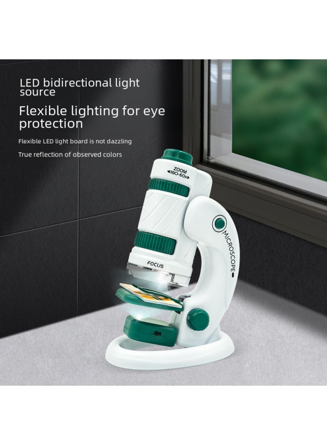 Xueyouma Portable Microscope For Primary And Secondary School Students Three-in-one Set Double Light Source Microscopic Teaching Aid Specimen Slide-Color:Portable Microscope Set (1522) White Green  - Image 4
