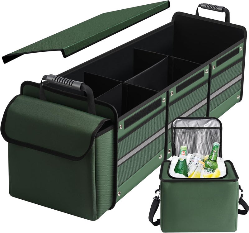 Car Trunk Organizer with Leakproof Cooler Bag - Waterproof Heavy Duty Collapsible Storage Box (Sedan-Green, Large) - Image 1