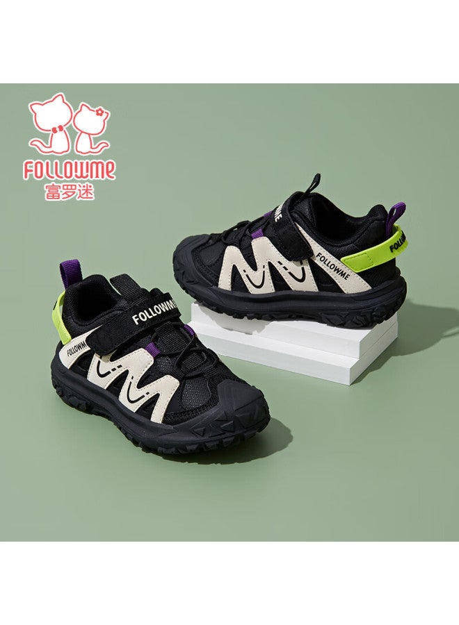 Fulomi Kids Sports Shoes Spring Autumn Mesh Breathable Casual Outdoor Hiking Shoes Beige Black (leather Version) Size 28