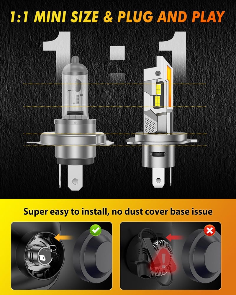 Termitor Upgraded H4/9003/HB2 Bulbs, 50,000LM 10X Ultra Bright, Real 1:1 Mini Size, 6500K Cool White H4 9003 Fog Lights Bulb with Cooling Fan, IP68 Waterproof, Plug and Play, Pack of 2 - Image 3