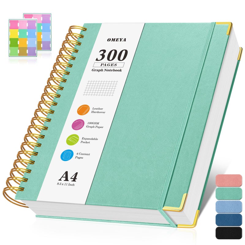 OMEYA Graph Paper Notebook, Spiral Grid Notebook 8.5" X 11", Hardcover Leather Journal 300 Pages, 100GSM Thick Grid Paper Notebook, Large A5 Graphing Notebook Journal for Women Men Writing Engineering Work - Image 1