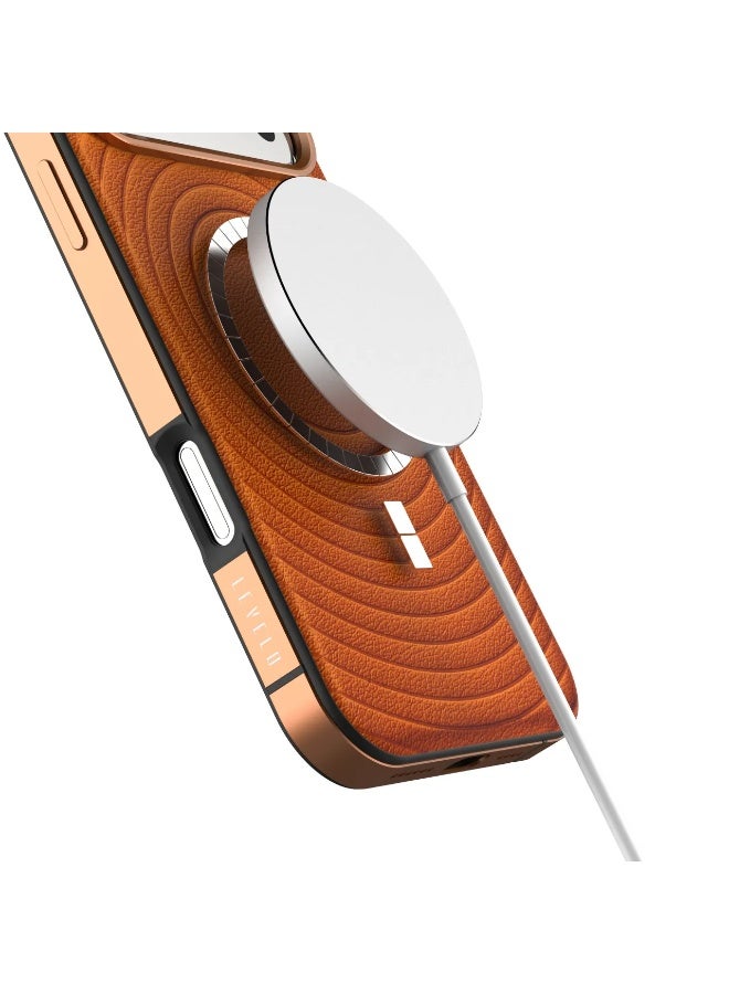 LEVELO iPhone 17 Pro Spirale Case / Strong Magnets / Leather Texture / Spiral-Pattern Design / Aluminum Alloy Frame for Camera & Edges - Sunrise Orange - Image 2