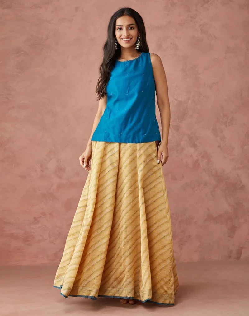 فاب انديا Blue Cotton Silk Hand Block Printed Choli & Skirt