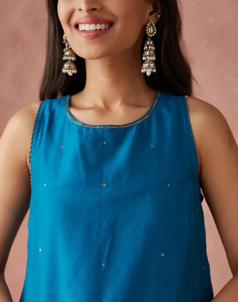 فاب انديا Blue Cotton Silk Hand Block Printed Choli & Skirt
