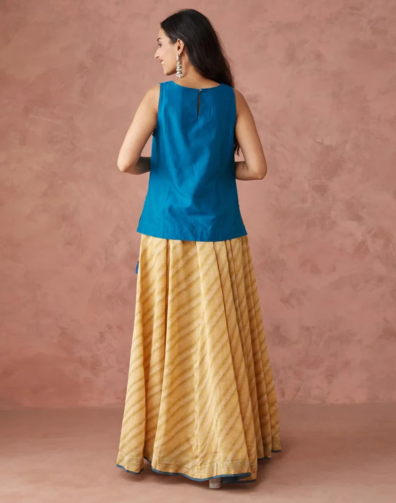 فاب انديا Blue Cotton Silk Hand Block Printed Choli & Skirt