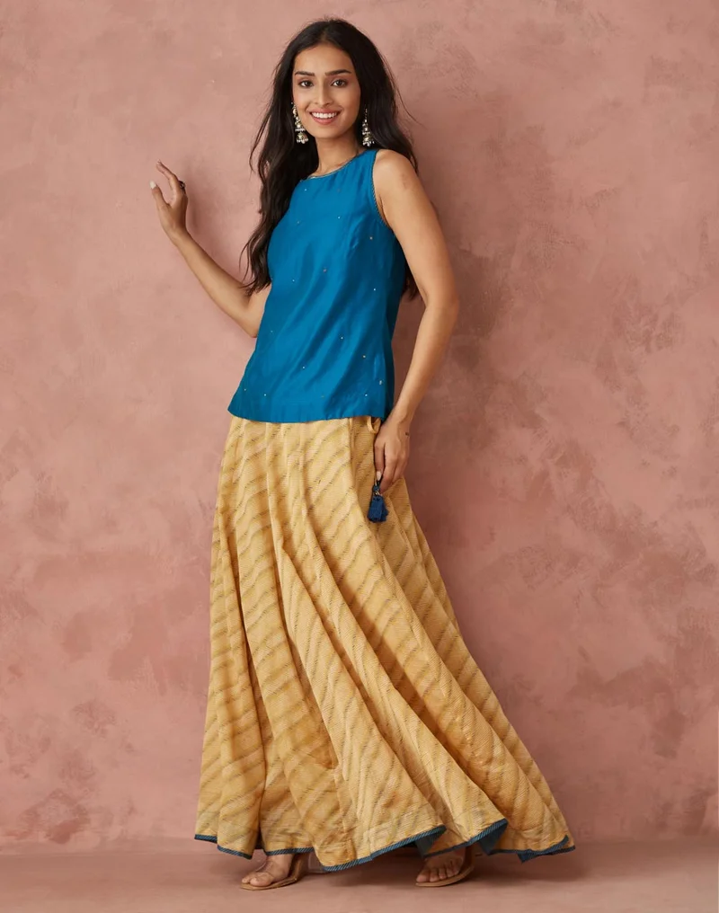 فاب انديا Blue Cotton Silk Hand Block Printed Choli & Skirt