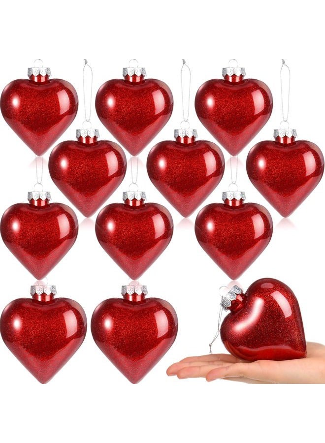 Civaner 12 Pcs Large Heart Shaped Ornaments for Valentine's Day Decor, Glitter Heart Shaped Baubles with Pre-Strung Gold/Silver Wire, Romantic Valentine Tree Home Hanging Decorations (Red) - Image 1