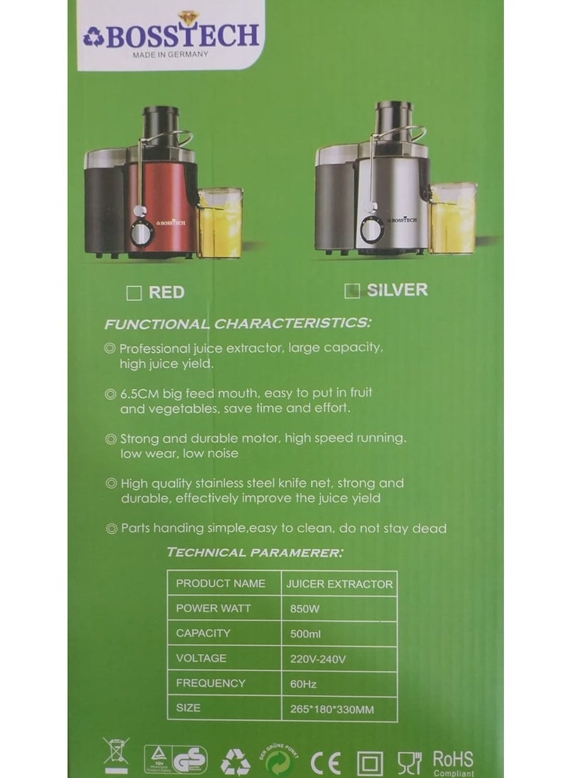 BOSSTECH BT-A01 High Quality Juicer Extractor with Durable Stainless Steel Blade System, 850W High Efficiency Motor, 500ML Juice Cup, Three Speed Modes and Compact Modern Design for Healthy Lifestyle Preparation - Image 4