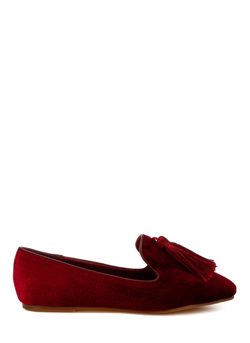 London Rag Iconic Tassel Detail Velvet Loafers in Burgundy  - Image 1