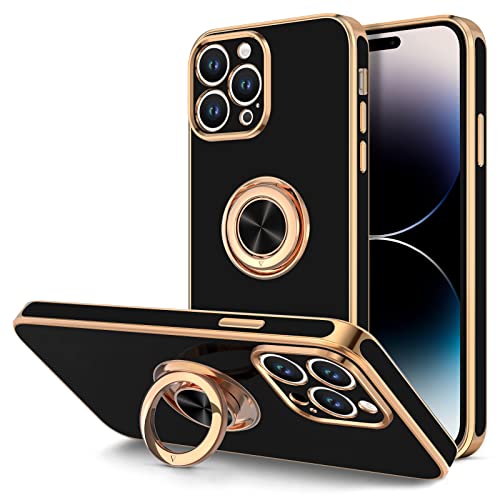 Hython for iPhone 14 Pro Case with Ring Stand [360° Rotatable Ring Holder Magnetic Kickstand] [Support Car Mount] Plated Gold Edge Soft TPU Luxury Shockproof Protective Phone Case Cover, Black - Image 1