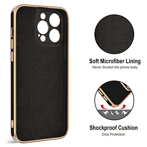 Hython for iPhone 14 Pro Case with Ring Stand [360° Rotatable Ring Holder Magnetic Kickstand] [Support Car Mount] Plated Gold Edge Soft TPU Luxury Shockproof Protective Phone Case Cover, Black - Image 3