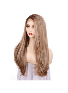 OneDor 24 Inch Kanekalon Fiber Straight Lace Front Wig Glueless Side Part Dark Root Wigs For Women (Dark Natural Blonde Blended & Pale Golden Blonde With Dark Rootsot8/386/624)  - Image 3