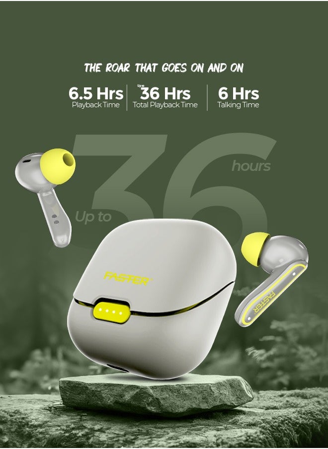 Faster - Roar Wireless Earbuds with Noise Cancellation (ANC+ENC) - 36 Hours Playtime with Bluetooth 5.3 - IPX4 Water Resistant - Gaming Bluetooth Earphones with Ultra-Low Latency - Deep Bass, Touch Control - For Exercise, Gym - Compatible with iPhone & Android (Green) - Image 1