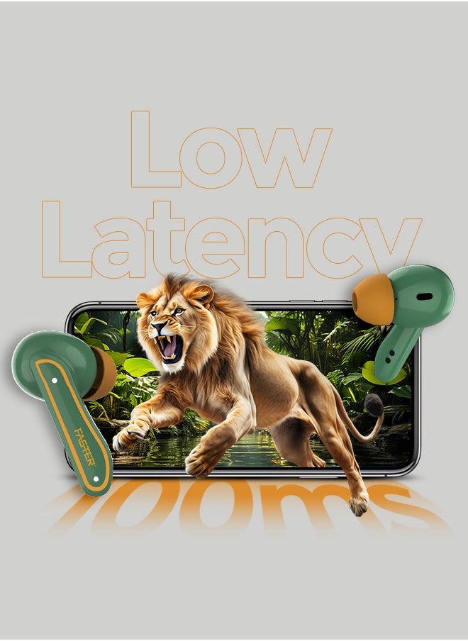 Faster - Roar Wireless Earbuds with Noise Cancellation (ANC+ENC) - 36 Hours Playtime with Bluetooth 5.3 - IPX4 Water Resistant - Gaming Bluetooth Earphones with Ultra-Low Latency - Deep Bass, Touch Control - For Exercise, Gym - Compatible with iPhone & Android (Green) - Image 1
