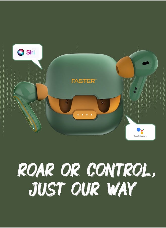 Faster - Roar Wireless Earbuds with Noise Cancellation (ANC+ENC) - 36 Hours Playtime with Bluetooth 5.3 - IPX4 Water Resistant - Gaming Bluetooth Earphones with Ultra-Low Latency - Deep Bass, Touch Control - For Exercise, Gym - Compatible with iPhone & Android (Green) - Image 1